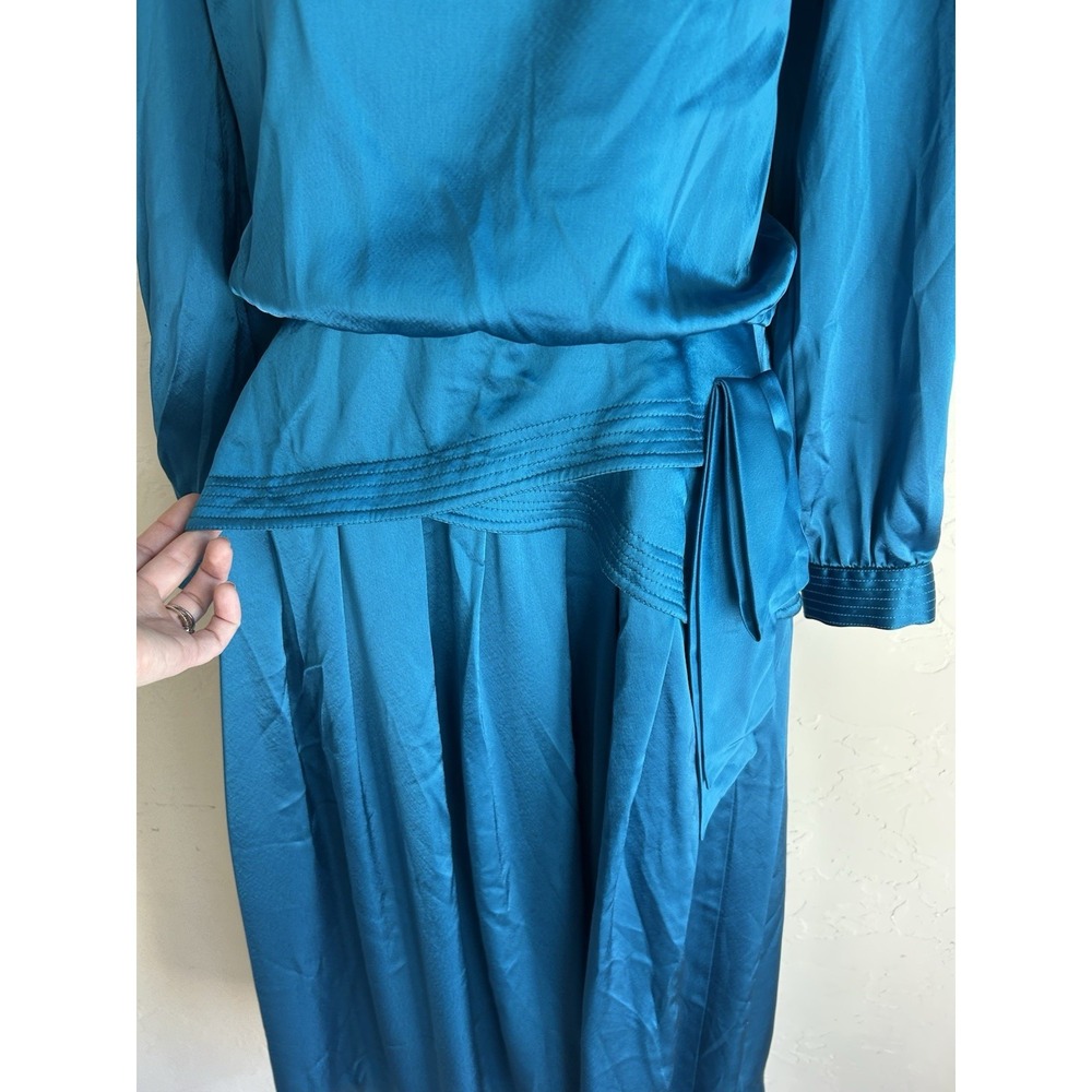 Vintage 70s 80s Joan Sparks Daniel Barrett Teal Satin Midi Dress‎ 8 Art Deco - Picture 5 of 13